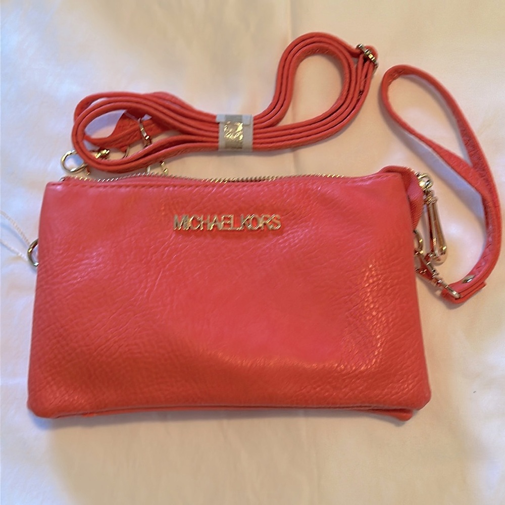 Michale Kors inspired clutch, crossbody, wristlet in deep coral with gold tone